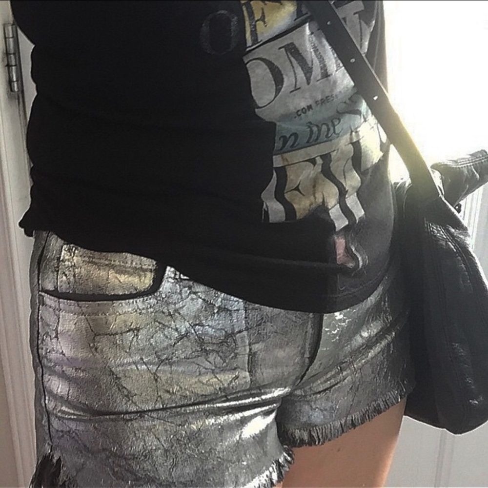 Frankie B Silver Metallic Coated Cutoff shorts